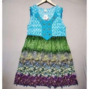 NWT Forbidden Beaded Boho Sundress Womens XL Green Blue Floral Rayon Festival